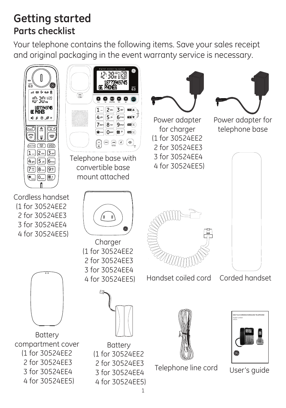 Getting started, Parts checklist | GE dect 6.0 User Manual | Page 5 / 87