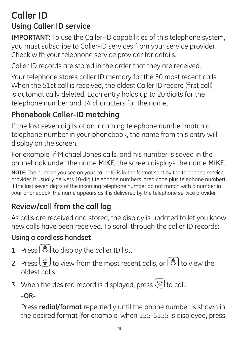 Caller id, Using caller id service, Phonebook caller-id matching | Review/call from the call log | GE dect 6.0 User Manual | Page 52 / 87