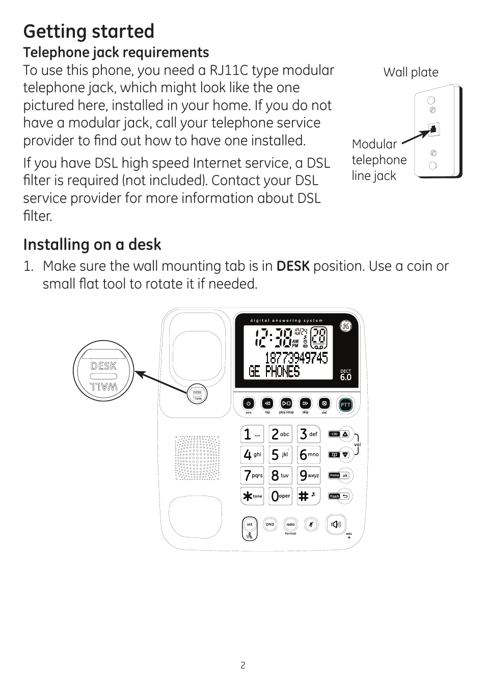 Getting started, Installing on a desk | GE dect 6.0 User Manual | Page 6 / 87