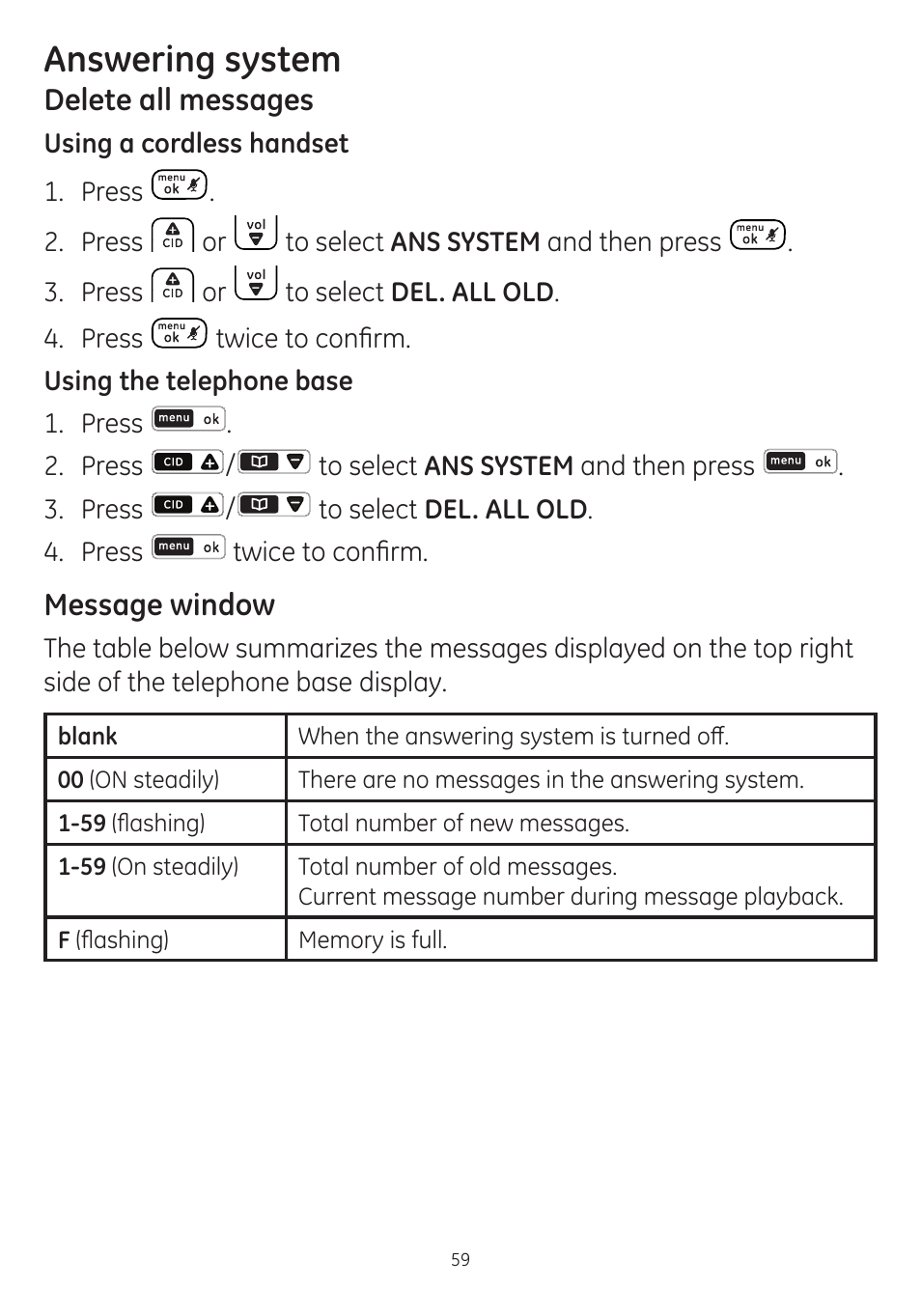 Answering system, Delete all messages, Message window | GE dect 6.0 User Manual | Page 63 / 87