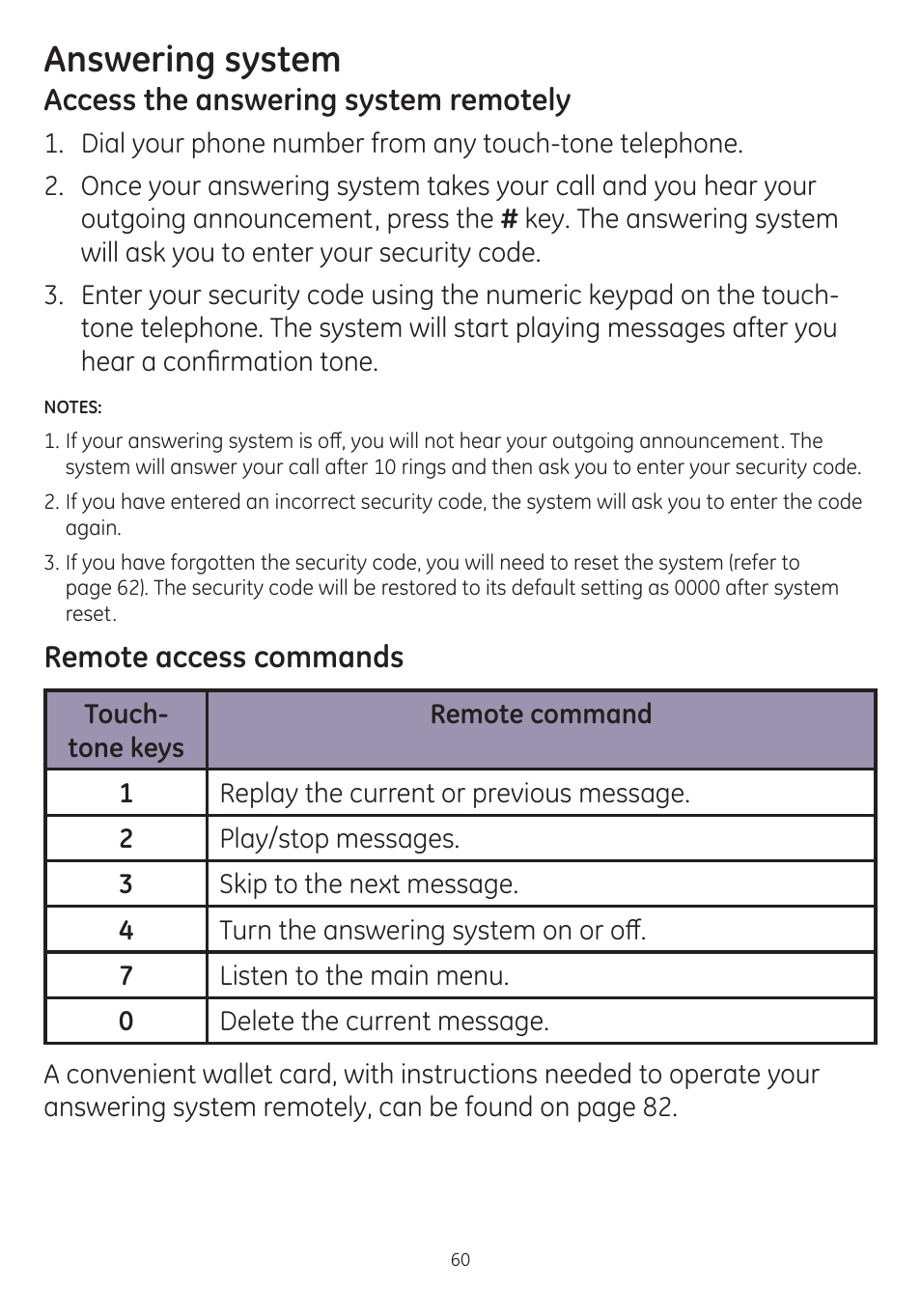 Answering system, Access the answering system remotely, Remote access commands | GE dect 6.0 User Manual | Page 64 / 87