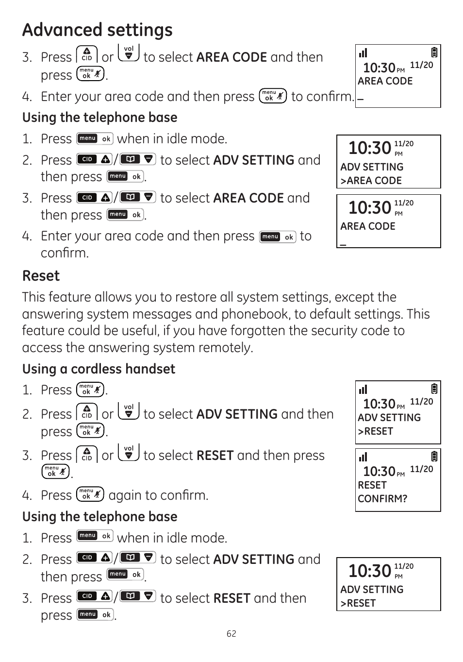 Advanced settings, Reset | GE dect 6.0 User Manual | Page 66 / 87