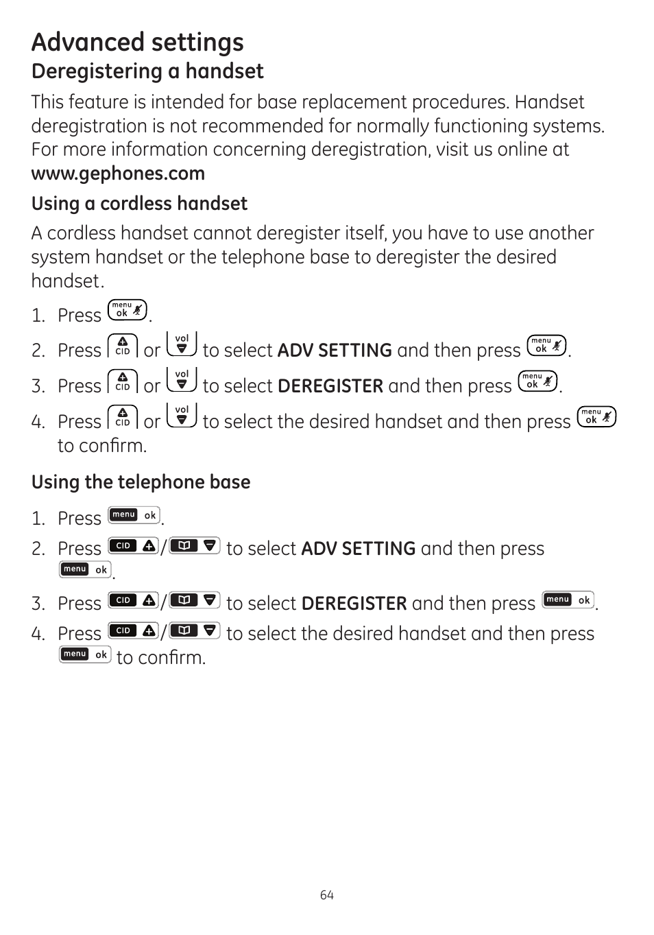 Advanced settings | GE dect 6.0 User Manual | Page 68 / 87