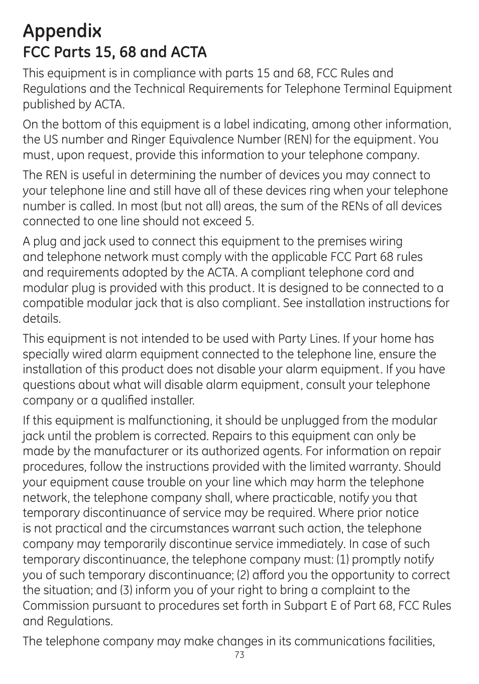 Appendix, Fcc parts 15, 68 and acta | GE dect 6.0 User Manual | Page 77 / 87