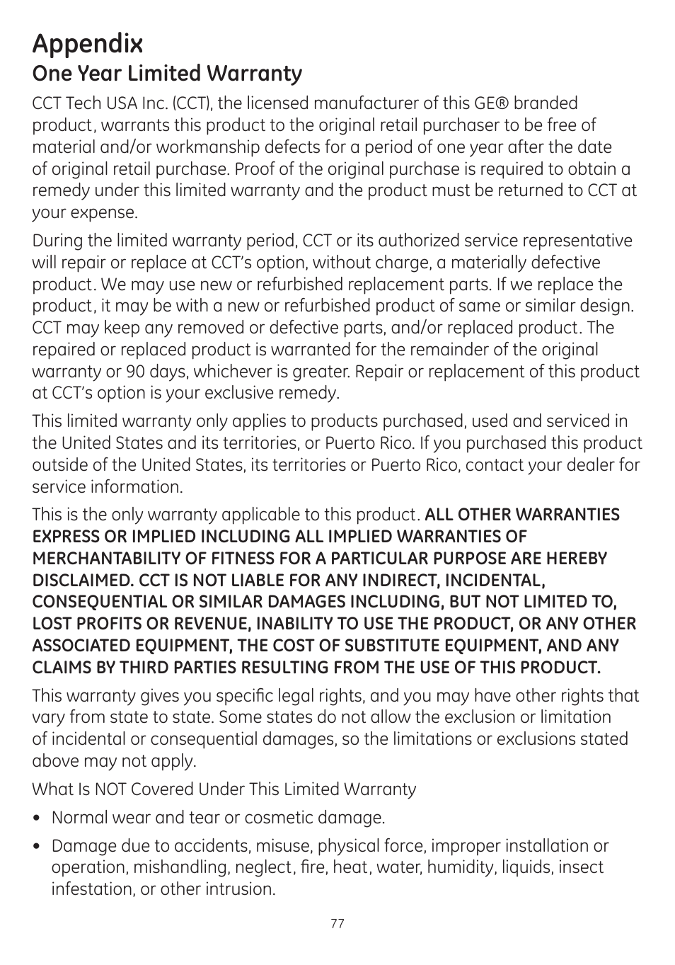 Appendix, One year limited warranty | GE dect 6.0 User Manual | Page 81 / 87