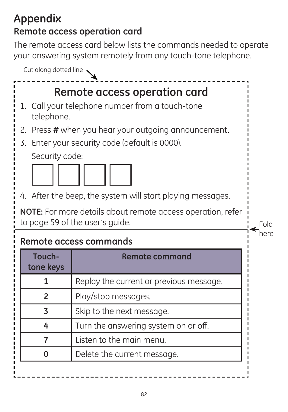 Appendix, Remote access operation card | GE dect 6.0 User Manual | Page 86 / 87