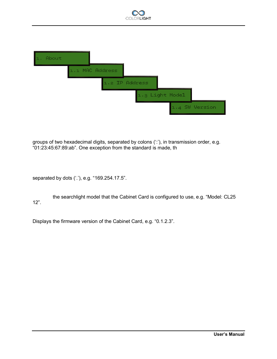 2 category 1: about, 1 (1.1) mac address, 2 (1.2) ip address | 3 (1.3) light model, 4 (1.4) sw version, Category 1: about, 1) mac address, 2) ip address, 3) light model, 4) sw version | Colorlight CL20 User Manual | Page 48 / 56