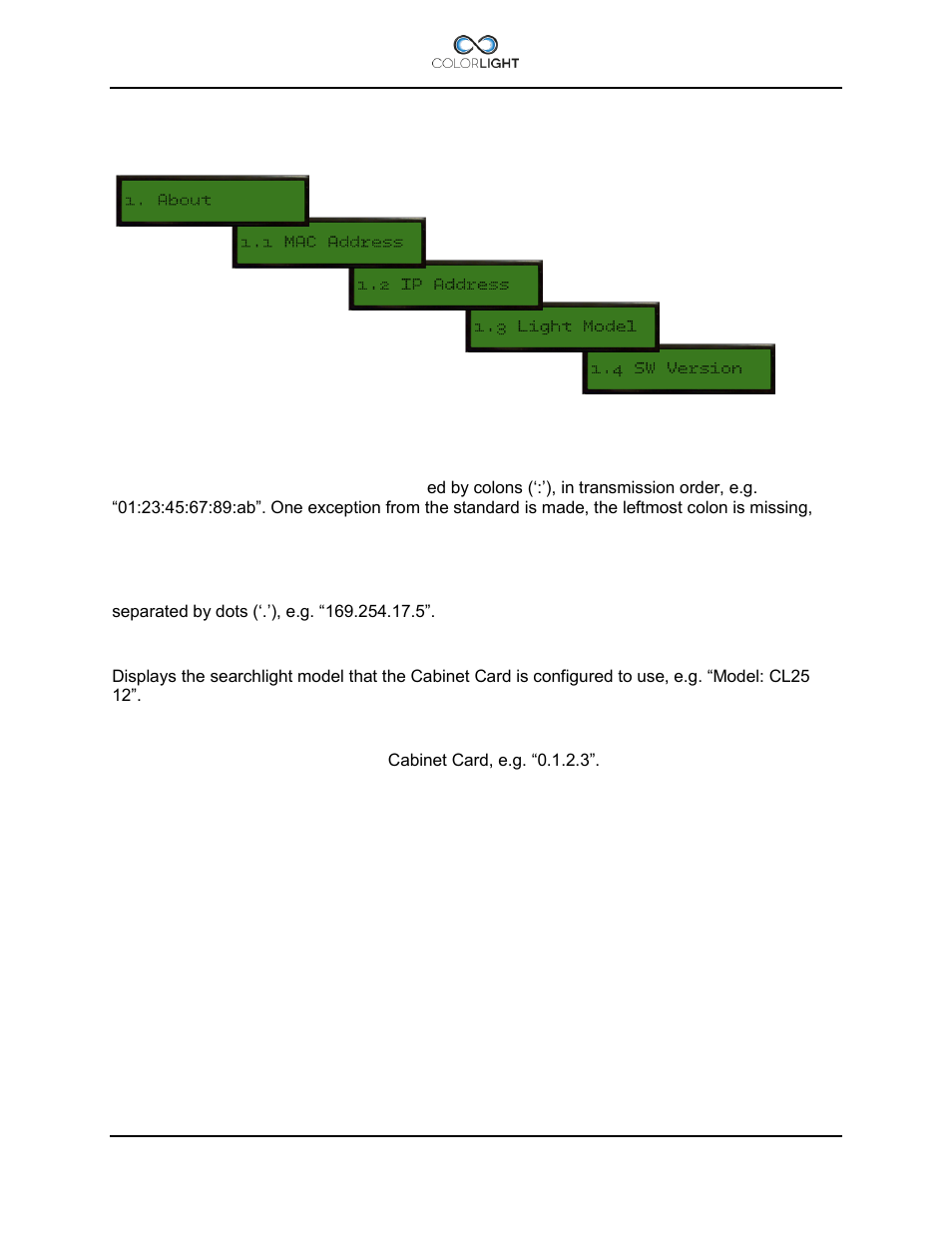 2 category 1: about, 1 (1.1) mac address, 2 (1.2) ip address | 3 (1.3) light model, 4 (1.4) sw version, Category 1: about, 1) mac address, 2) ip address, 3) light model, 4) sw version | Colorlight CL20 User Manual | Page 36 / 48