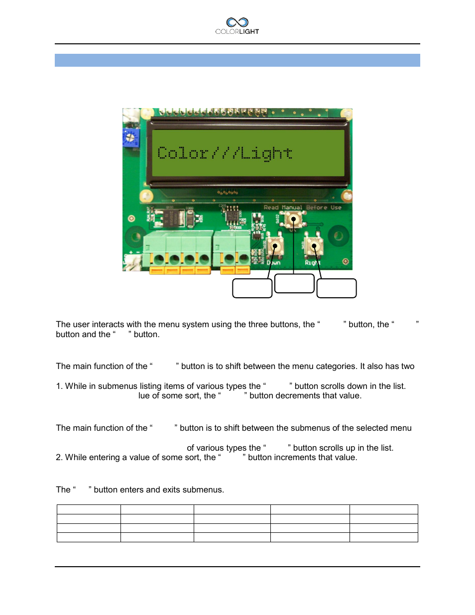 Cabinet card menu system, 1 menu navigation, 1 down button | 2 right button, 3 ok button, Menu navigation, Down button, Right button, Ok button, Cabinet card menu system 16 | Colorlight CL25 Installation manual User Manual | Page 36 / 52