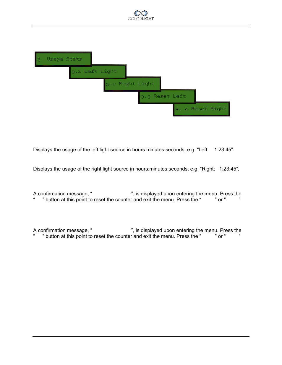 4 category 3: usage stats, 1 (3.1) left light, 2 (3.2) right light | 3 (3.3) reset left, 4 (3.4) reset right, Category 3: usage stats, 1) left light, 2) right light, 3) reset left, 4) reset right | Colorlight CL25 Installation manual User Manual | Page 39 / 52