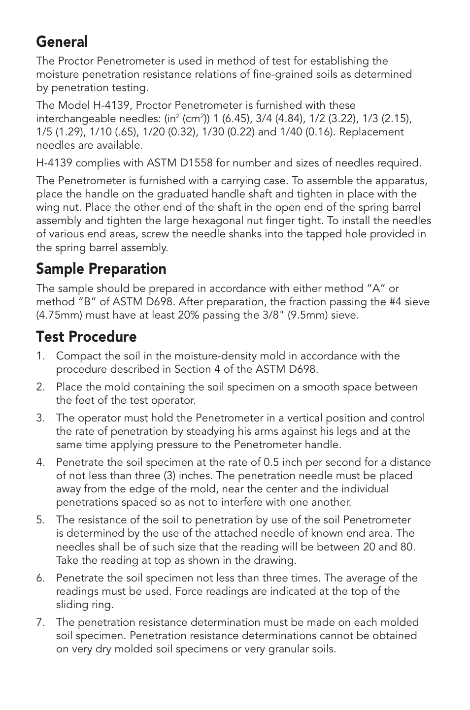 General, Sample preparation, Test procedure | Humboldt H-4139 Proctor Penetrometer Set User Manual | Page 2 / 4