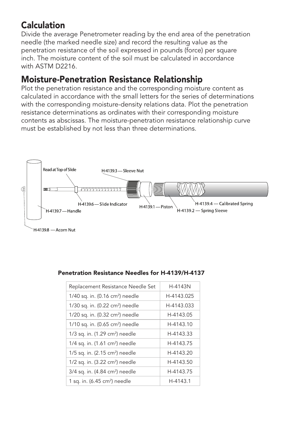 Calculation, Moisture-penetration resistance relationship | Humboldt H-4139 Proctor Penetrometer Set User Manual | Page 3 / 4