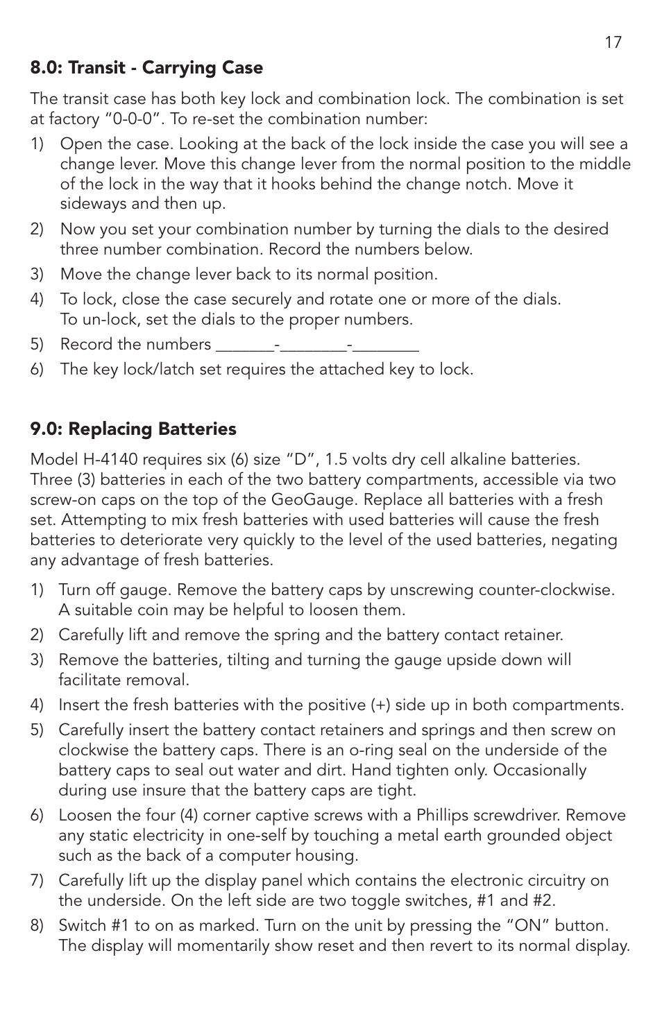 0 transit - carrying case, 0 replacing batteries | Humboldt H-4140 GeoGauge User Manual | Page 17 / 42