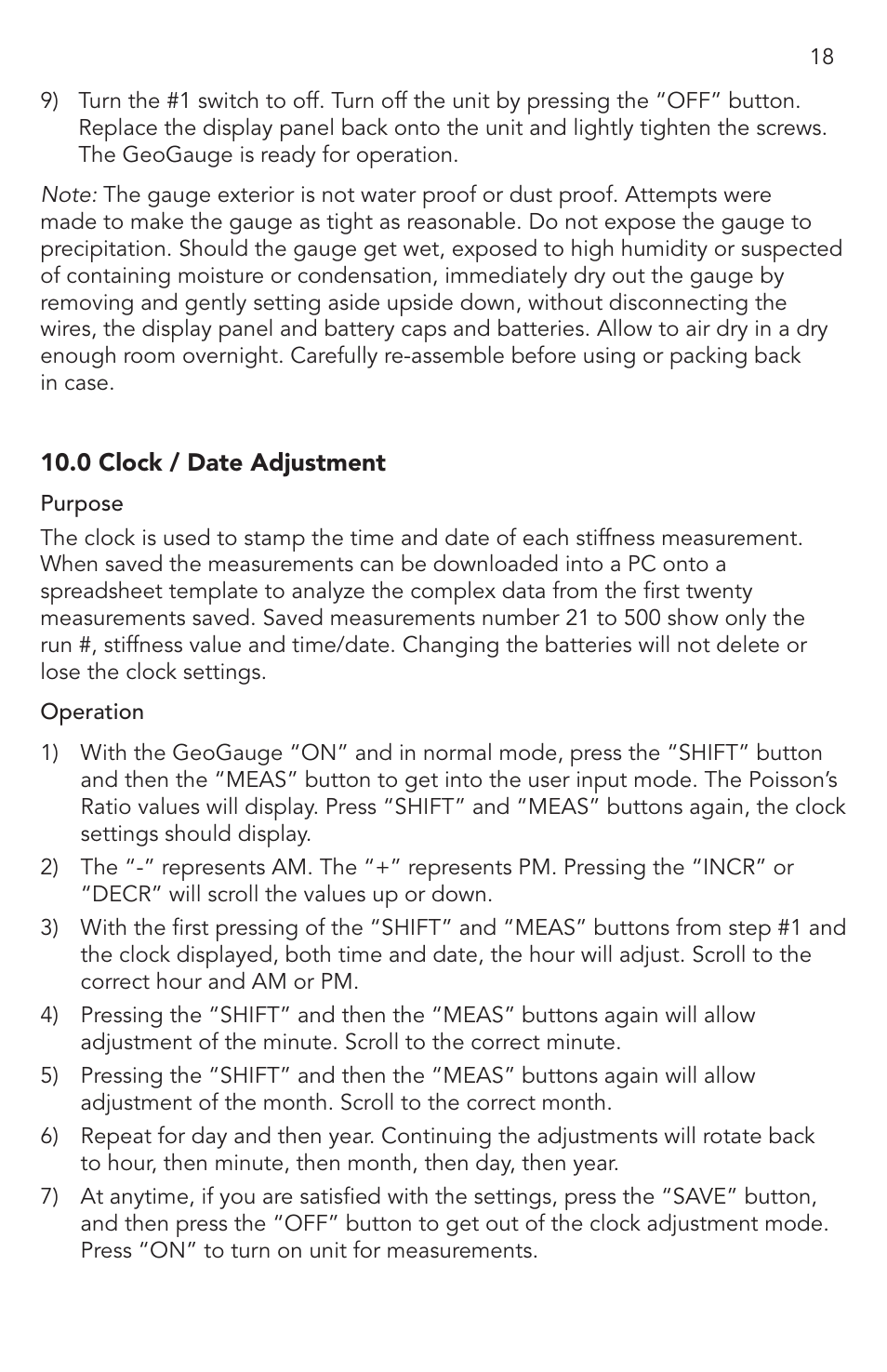 0 clock/date adjustment | Humboldt H-4140 GeoGauge User Manual | Page 18 / 42