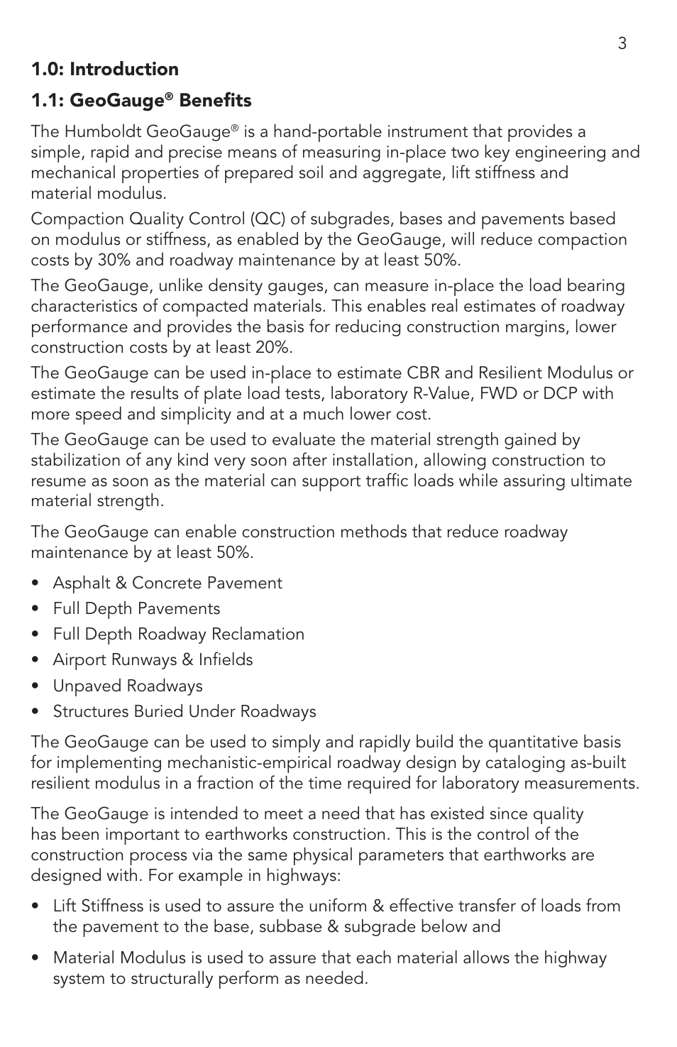 0 introduction, 1 geogauge benefits | Humboldt H-4140 GeoGauge User Manual | Page 3 / 42
