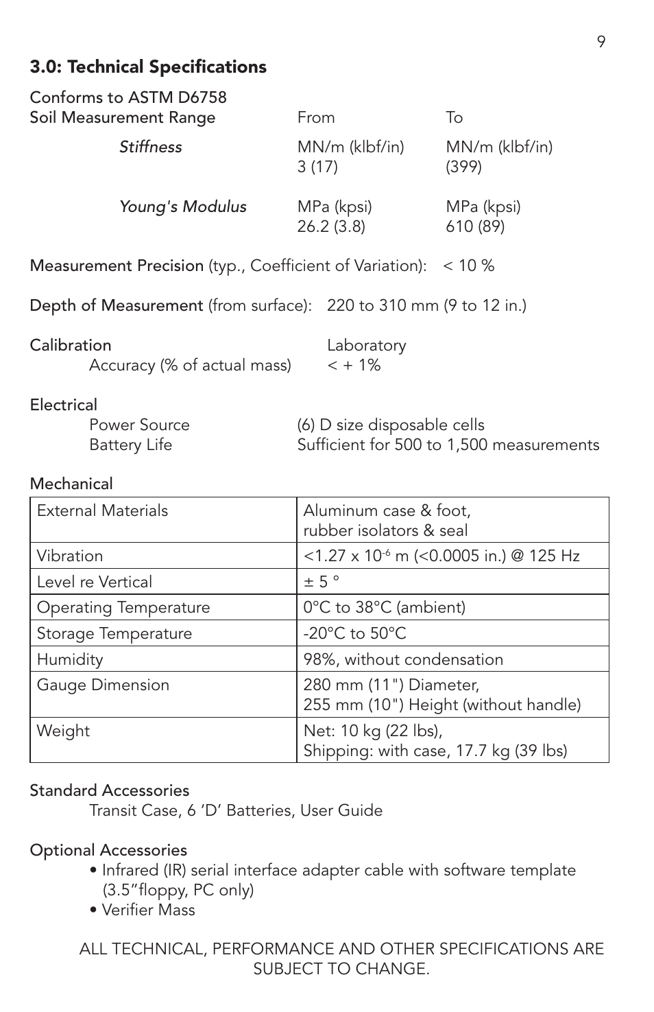 0 technical specifications, 0 display messages | Humboldt H-4140 GeoGauge User Manual | Page 9 / 42
