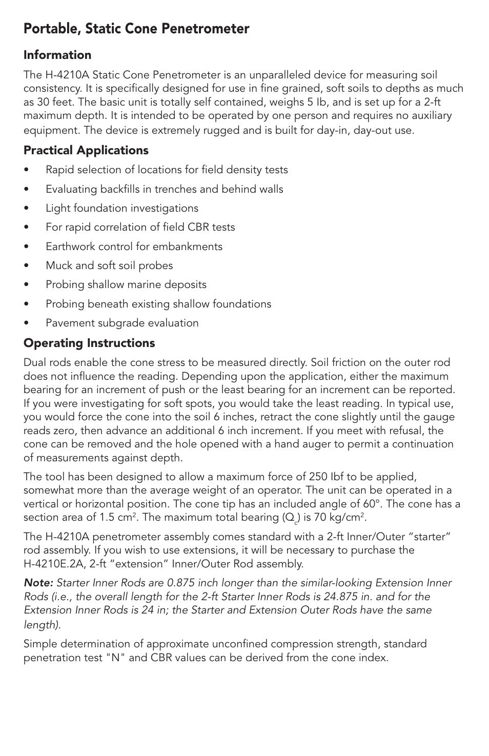 Portable, static cone penetrometer | Humboldt H-4210A Portable, Static Cone Penetrometer User Manual | Page 2 / 8