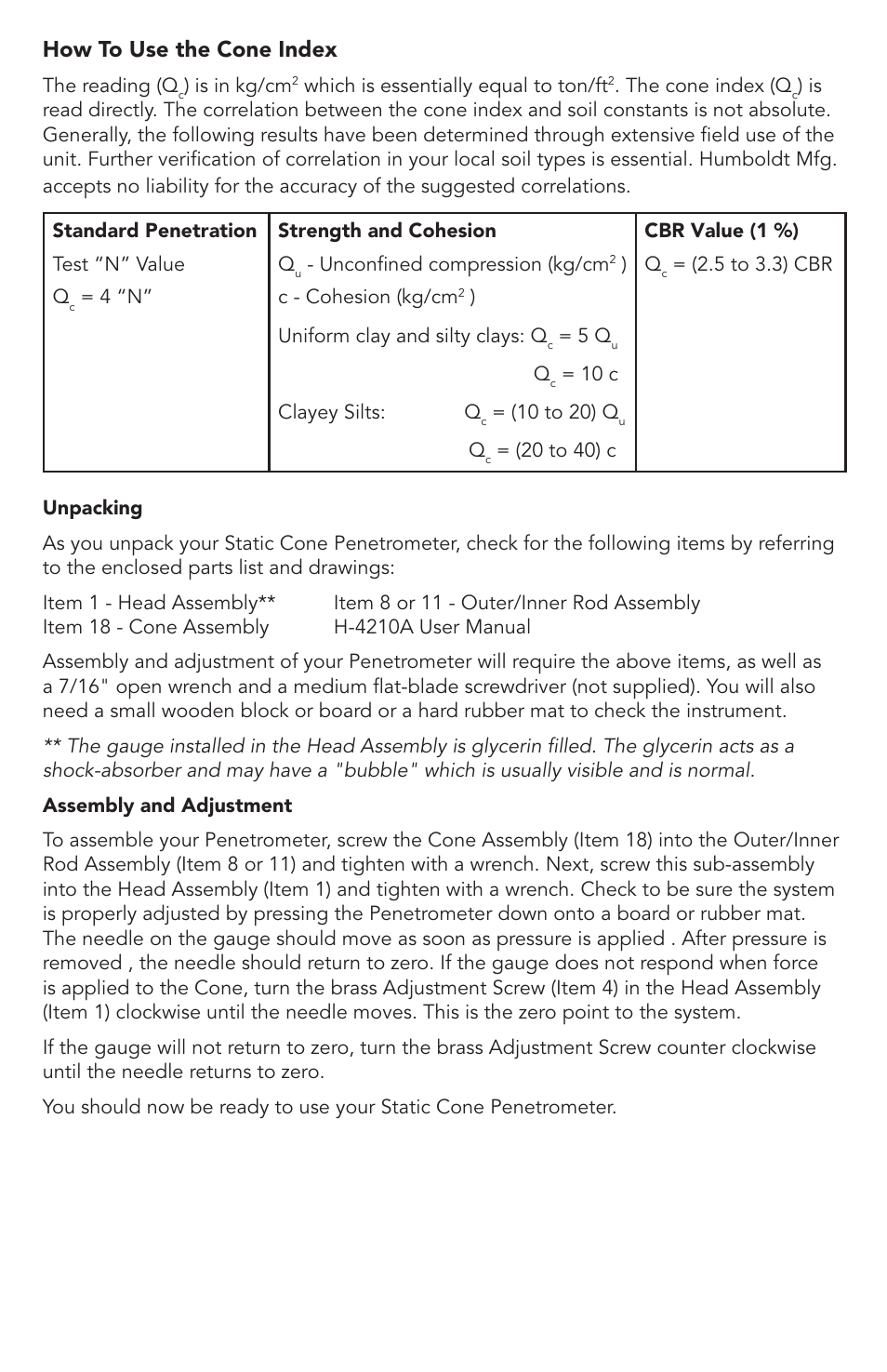 How to use the cone index | Humboldt H-4210A Portable, Static Cone Penetrometer User Manual | Page 3 / 8