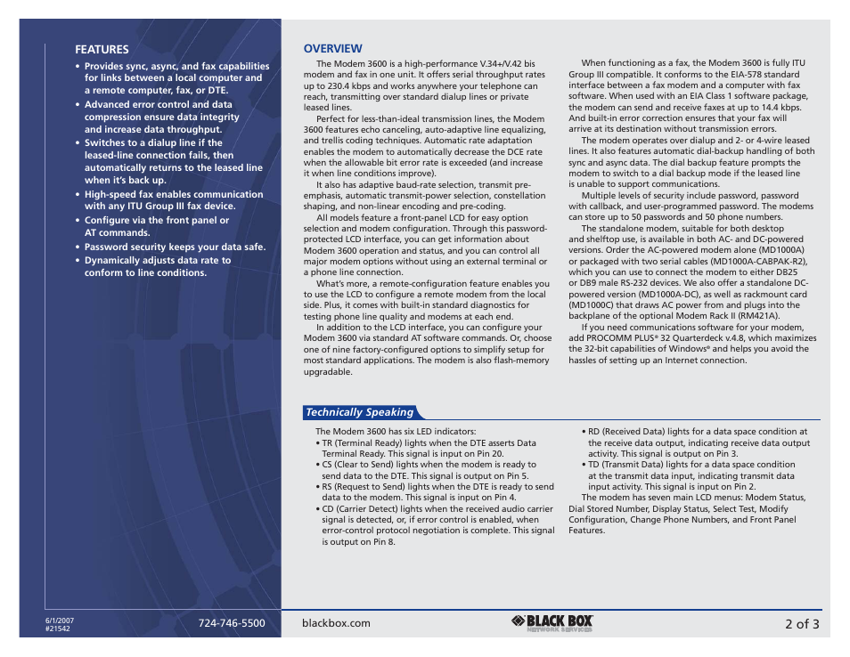 2 of 3, Features, Overview | Black Box 3600 User Manual | Page 2 / 3