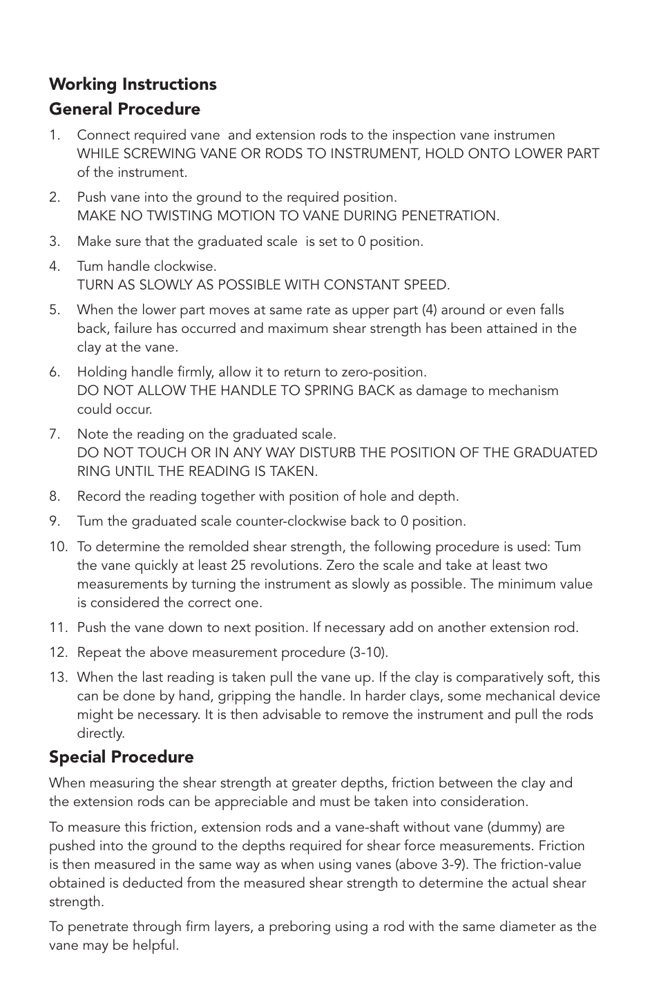 Working instructions general procedure, Special procedure | Humboldt H-4227 Vane Inspection Kit User Manual | Page 3 / 4