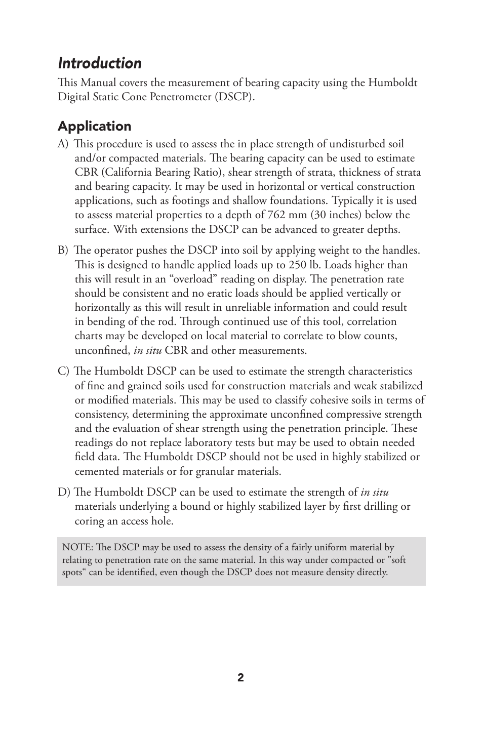 Introduction, Application | Humboldt HS-4210 Digital Static Cone Penetrometer User Manual | Page 2 / 8