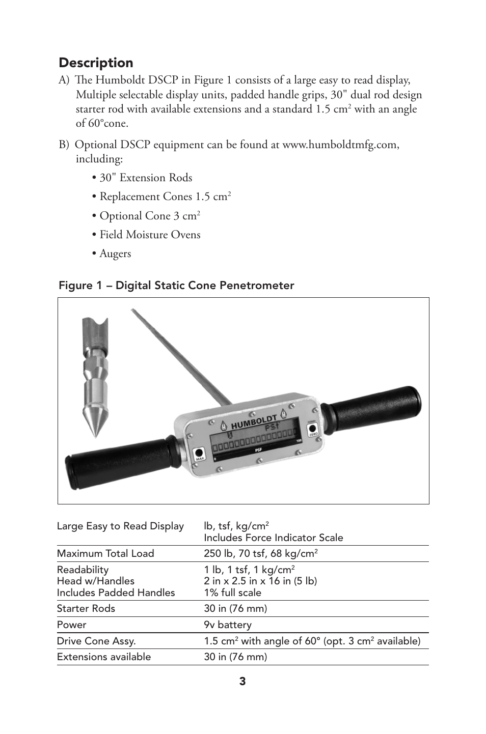 Description, Optional cone 3 cm, Field moisture ovens • augers | Humboldt HS-4210 Digital Static Cone Penetrometer User Manual | Page 3 / 8