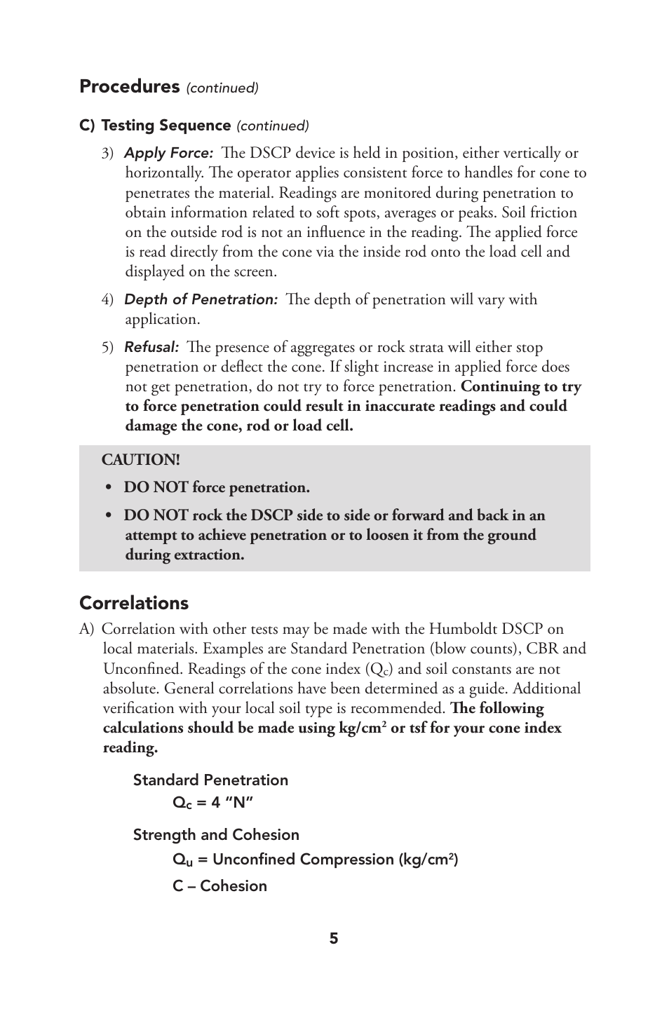 Procedures, Correlations | Humboldt HS-4210 Digital Static Cone Penetrometer User Manual | Page 5 / 8