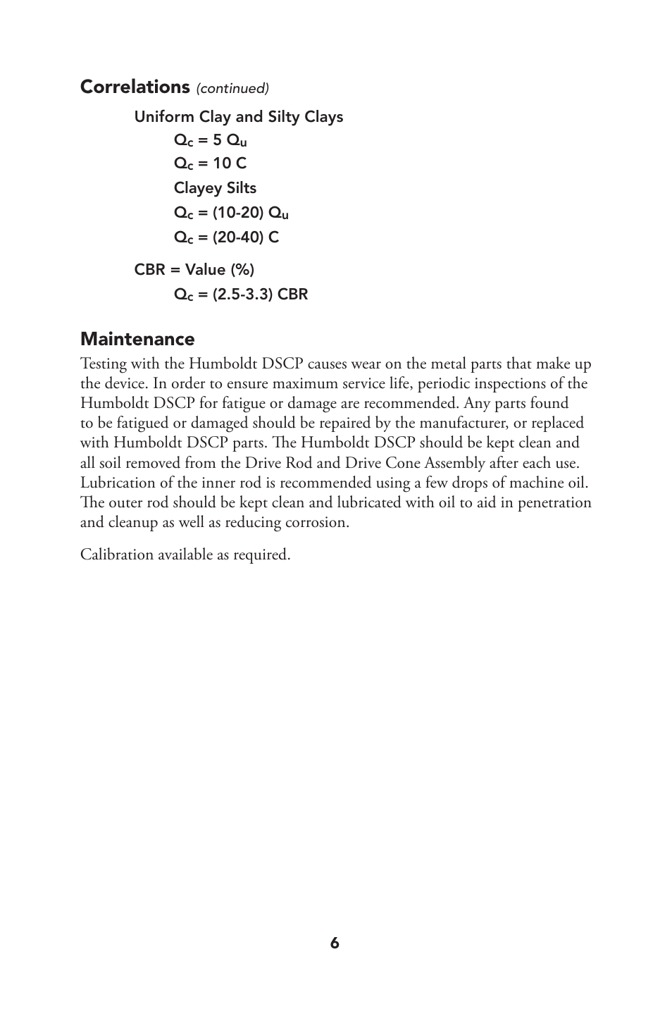 Correlations, Maintenance | Humboldt HS-4210 Digital Static Cone Penetrometer User Manual | Page 6 / 8