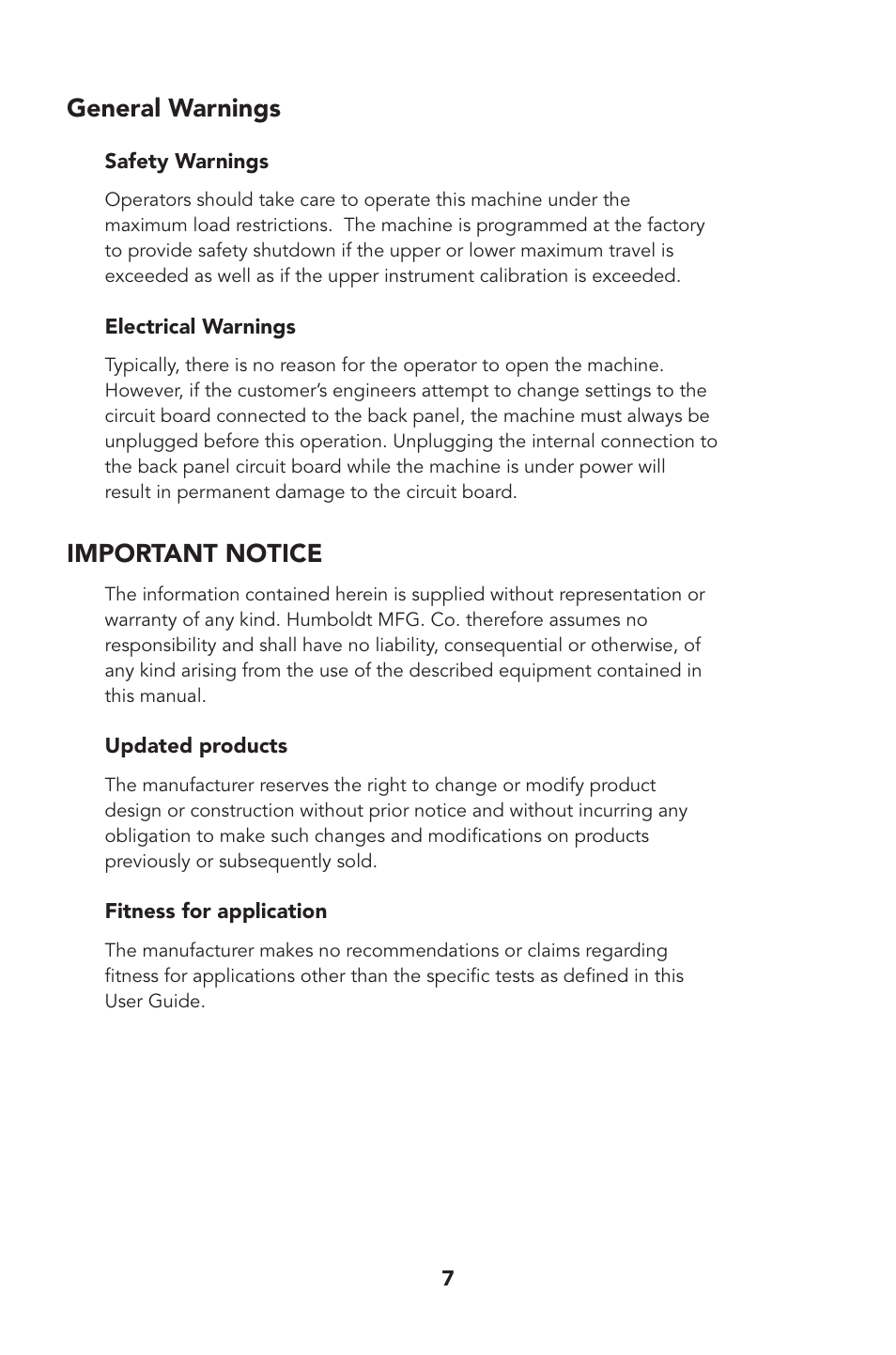General warnings, Important notice | Humboldt H-1322B Marshall and TSR Compression Machine User Manual | Page 9 / 12