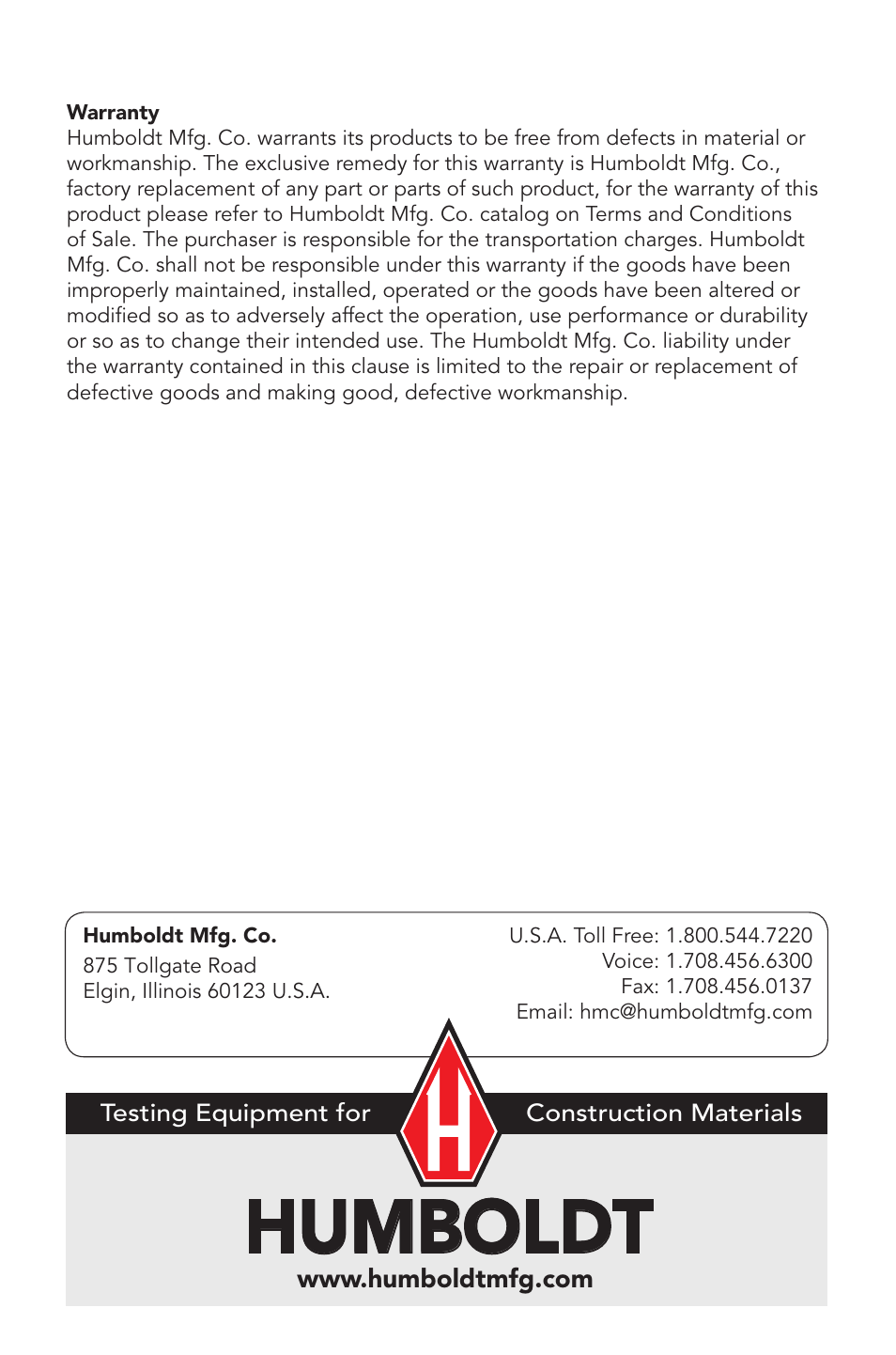 Humboldt | Humboldt H-3220A Benkelman Beam User Manual | Page 8 / 8