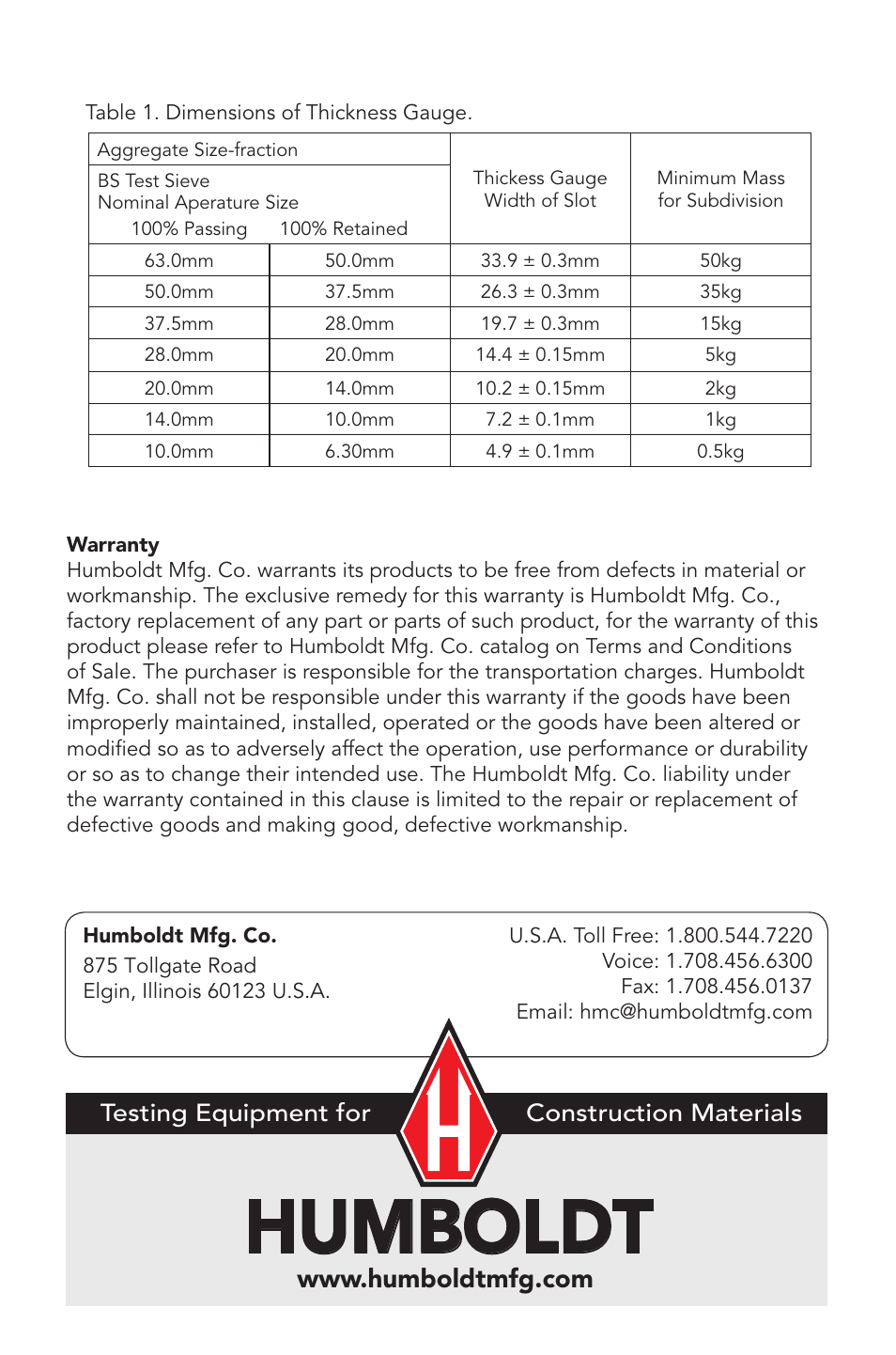 Humboldt, Testing equipment for construction materials | Humboldt H-1684 Flakiness Gauge for Classification of Aggregate User Manual | Page 4 / 4