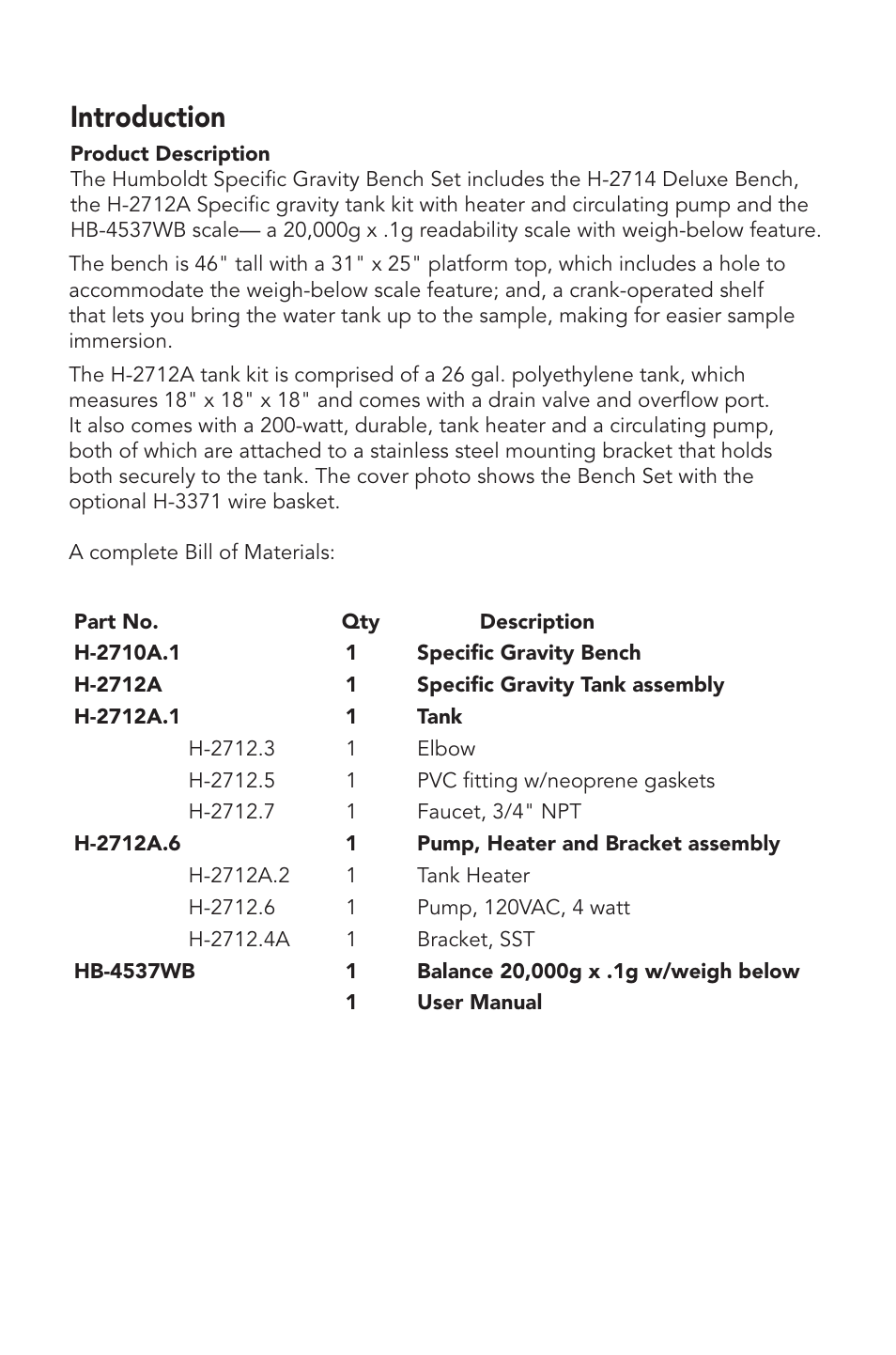 Introduction | Humboldt H-2713A Specific Gravity Bench Set User Manual | Page 3 / 8