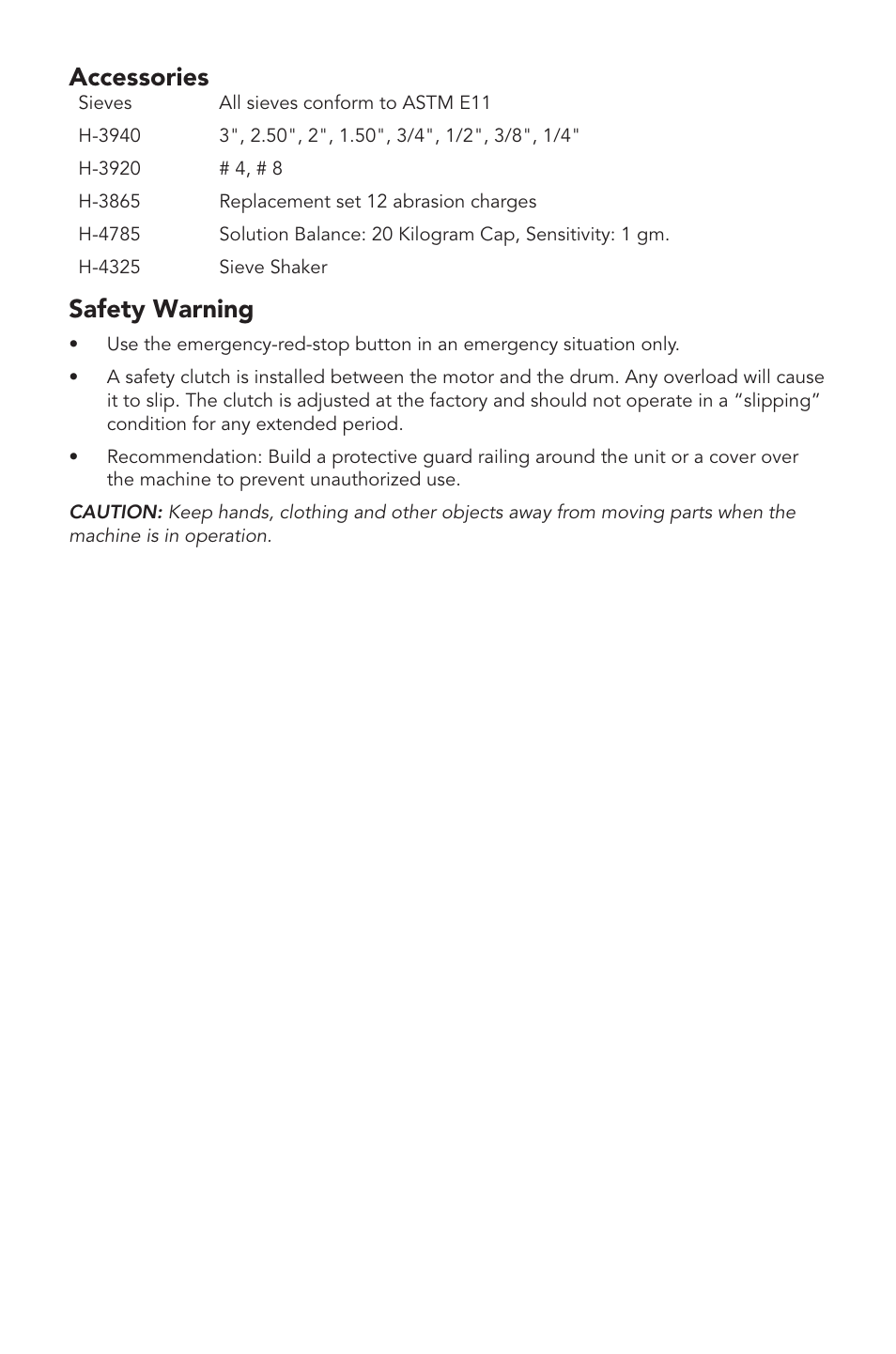 Accessories, Safety warning | Humboldt H-3860A Los Angeles Abrasion Machine User Manual | Page 5 / 8
