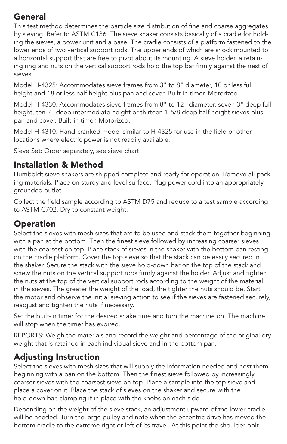 General, Installation & method, Operation | Adjusting instruction | Humboldt H-4310 Sieve Shaker User Manual | Page 2 / 4