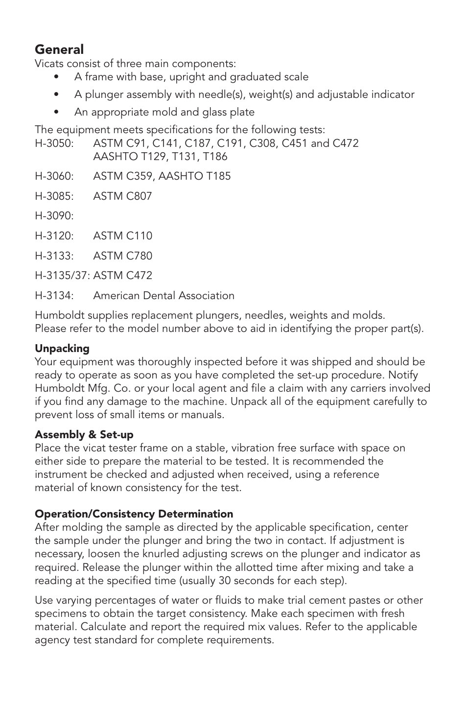 General | Humboldt H-3135/37 Humboldt Vicat Tester User Manual | Page 3 / 8