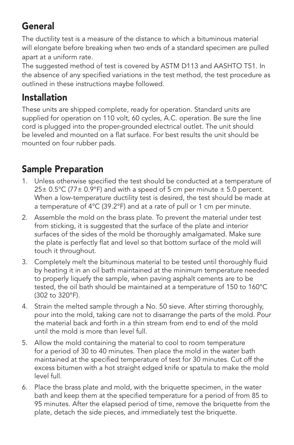 General, Installation, Sample preparation | Humboldt H-1050 Ductility Machine User Manual | Page 3 / 8