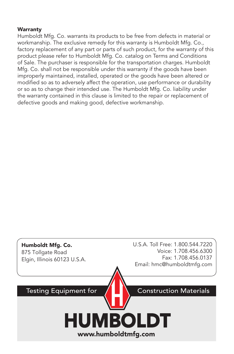Humboldt | Humboldt H-1068 Series Ductility Testing Machines User Manual | Page 8 / 8