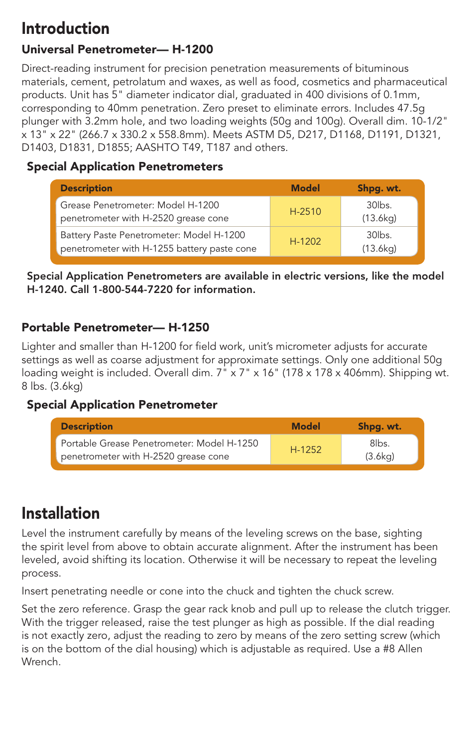 Introduction, Installation | Humboldt H-1250 Universal and Portable Penetrometers User Manual | Page 2 / 8