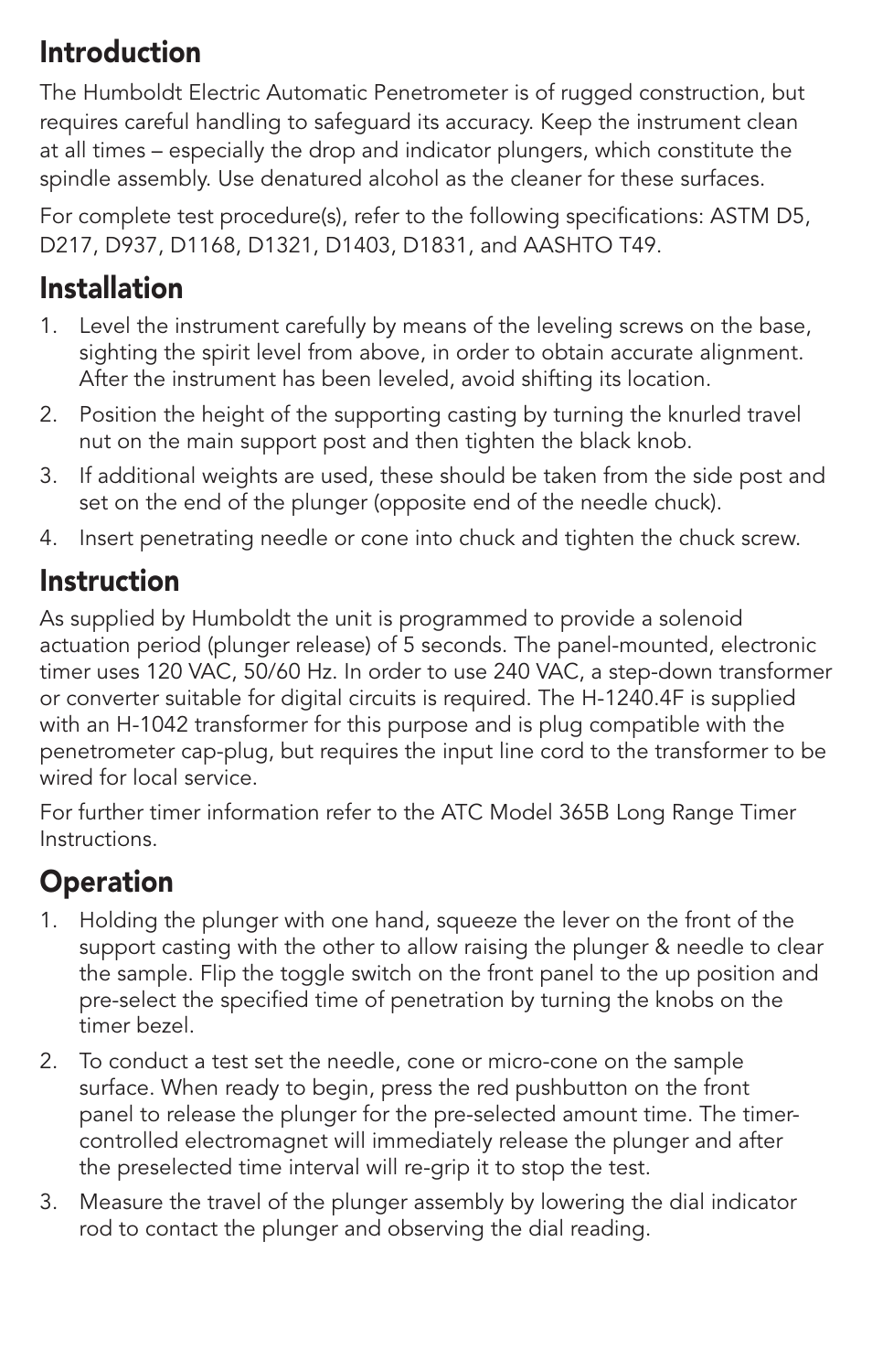 Introduction, Installation, Instruction | Operation | Humboldt H-1240.4F Electric Penetrometer with Digital Automatic Timer User Manual | Page 3 / 8