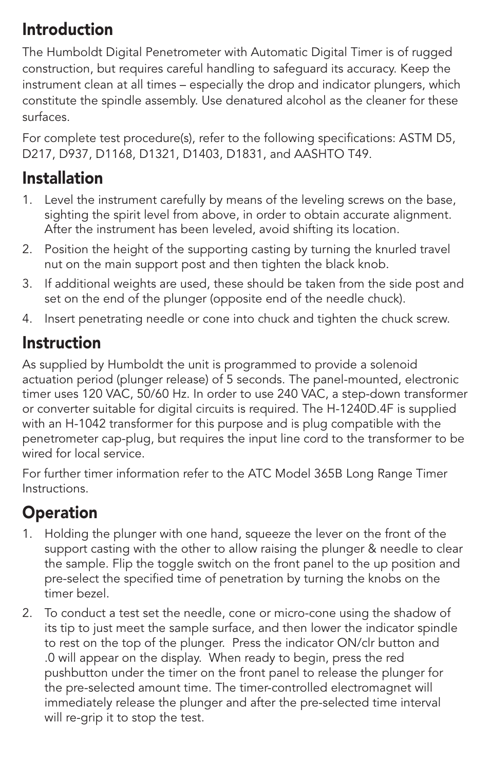 Introduction, Installation, Instruction | Operation | Humboldt H-1240D.4F Digital Penetrometer with Digital Automatic Timer User Manual | Page 3 / 8