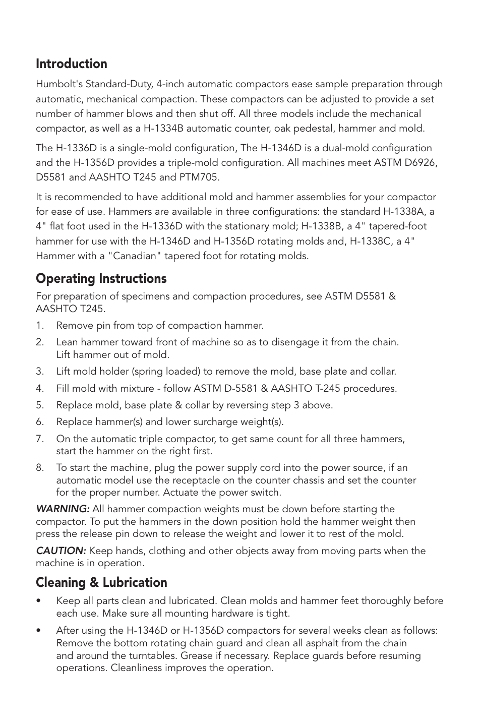 Introduction, Operating instructions, Cleaning & lubrication | Humboldt H-1356D Marshall Mechanical Compactors User Manual | Page 2 / 8