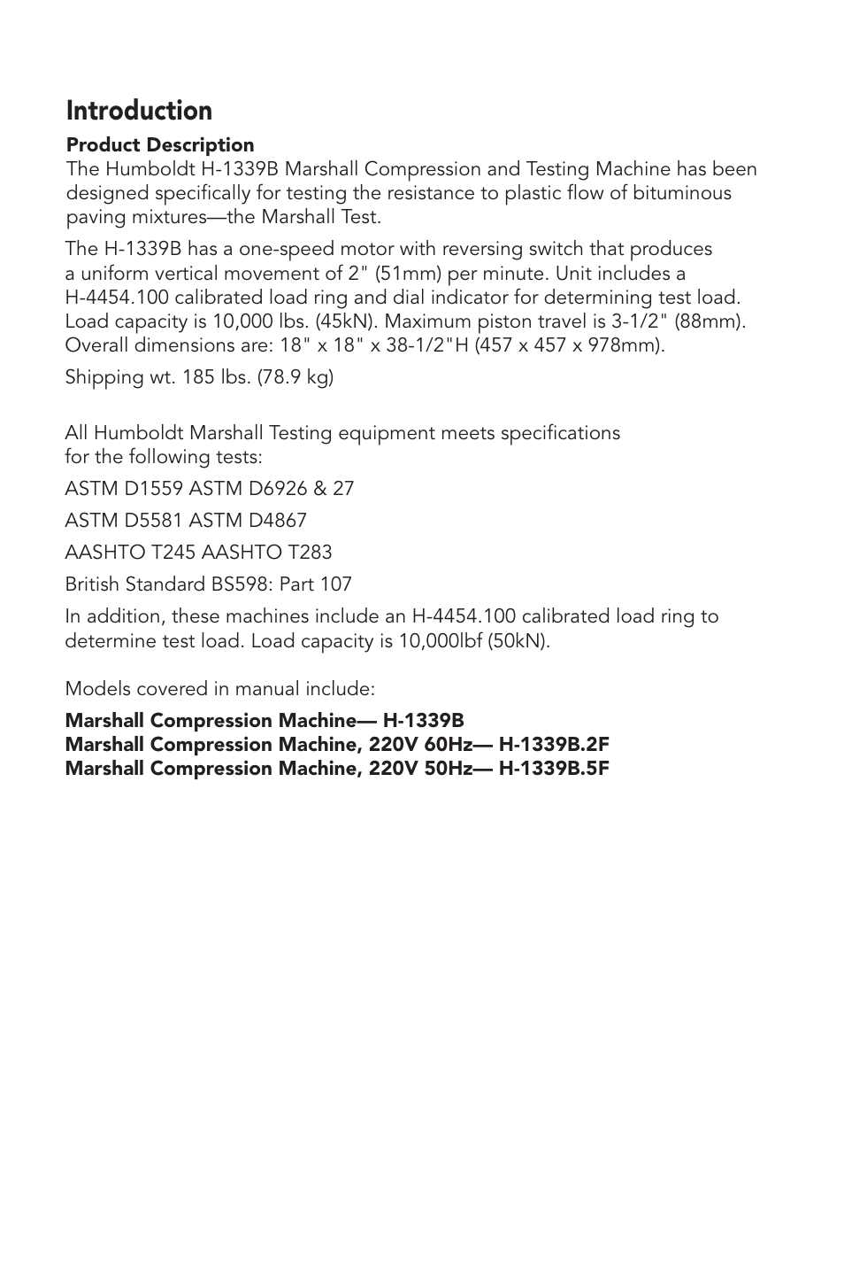 Introduction | Humboldt H-1339B Marshall Compression Machine User Manual | Page 3 / 8