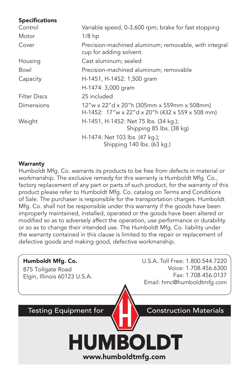 Humboldt | Humboldt H-1474 Centrifugal Extractor User Manual | Page 4 / 4