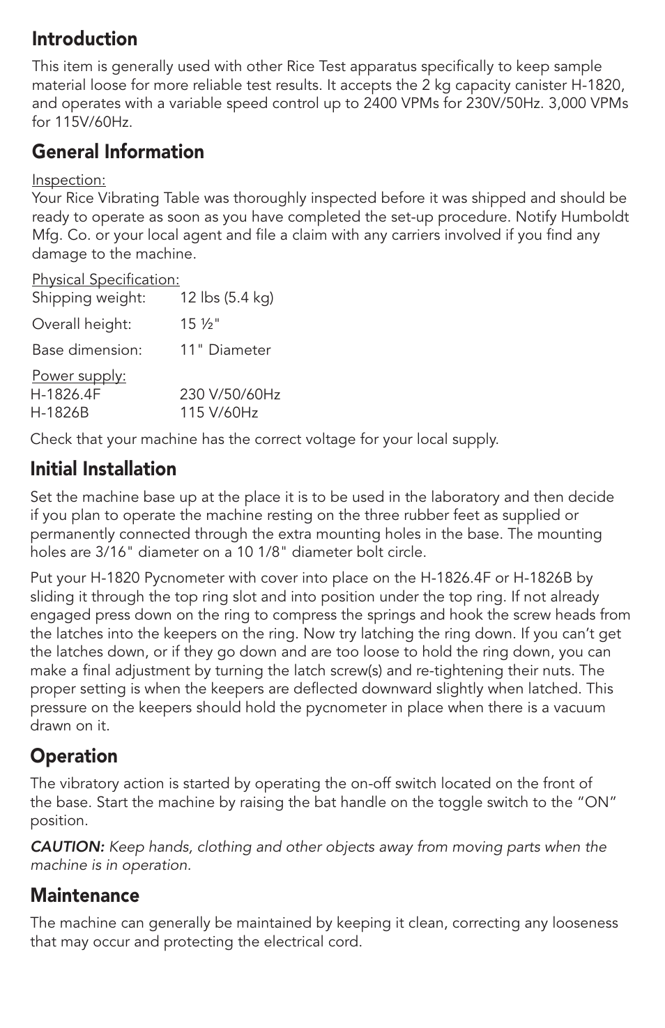 Introduction, General information, Initial installation | Operation, Maintenance | Humboldt H-1826.4F Vibrating Table User Manual | Page 2 / 4