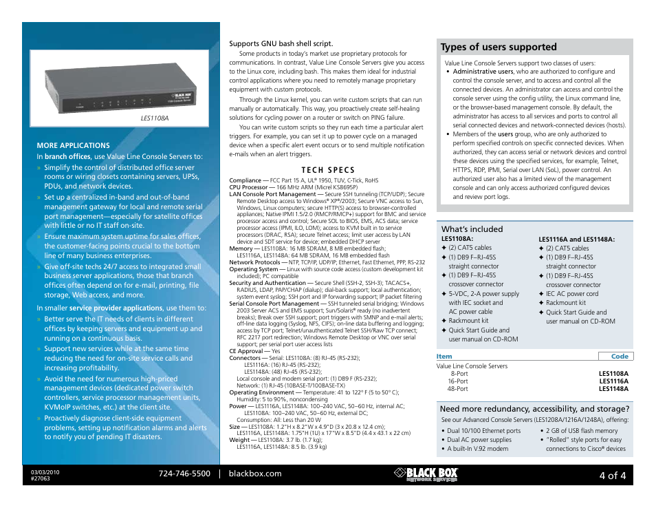 Black box, 4 of 4, Types of users supported | Black Box 1108 Console Server User Manual | Page 4 / 4