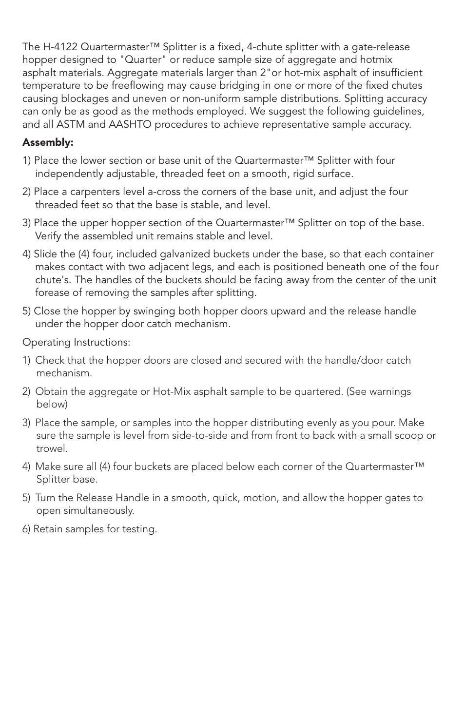 Humboldt H-4122 QuarterMaster Hot Asphalt Mix Sample Splitter User Manual | Page 2 / 4