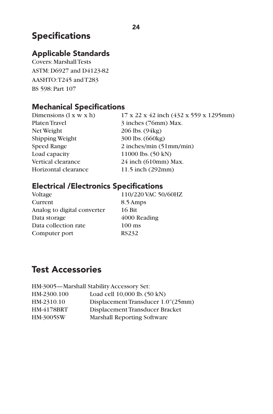 Specifications, Test accessories, Applicable standards | Mechanical specifications, Electrical /electronics specifications | Humboldt HM-1327 Humboldt Marshall/TSR Loader User Manual | Page 27 / 32