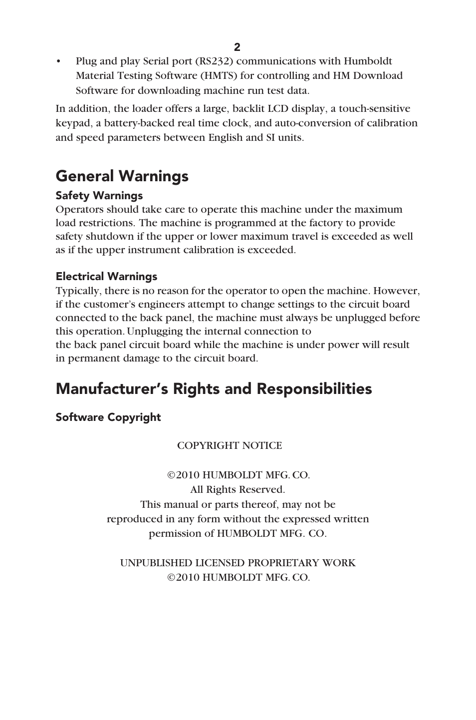 General warnings, Manufacturer’s rights and responsibilities | Humboldt HM-1327 Humboldt Marshall/TSR Loader User Manual | Page 5 / 32