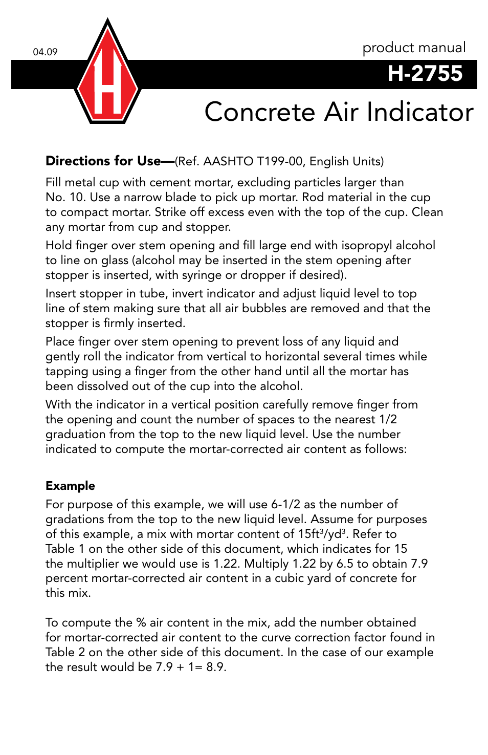 Humboldt H-2755 Concrete Air Indicator User Manual | 2 pages