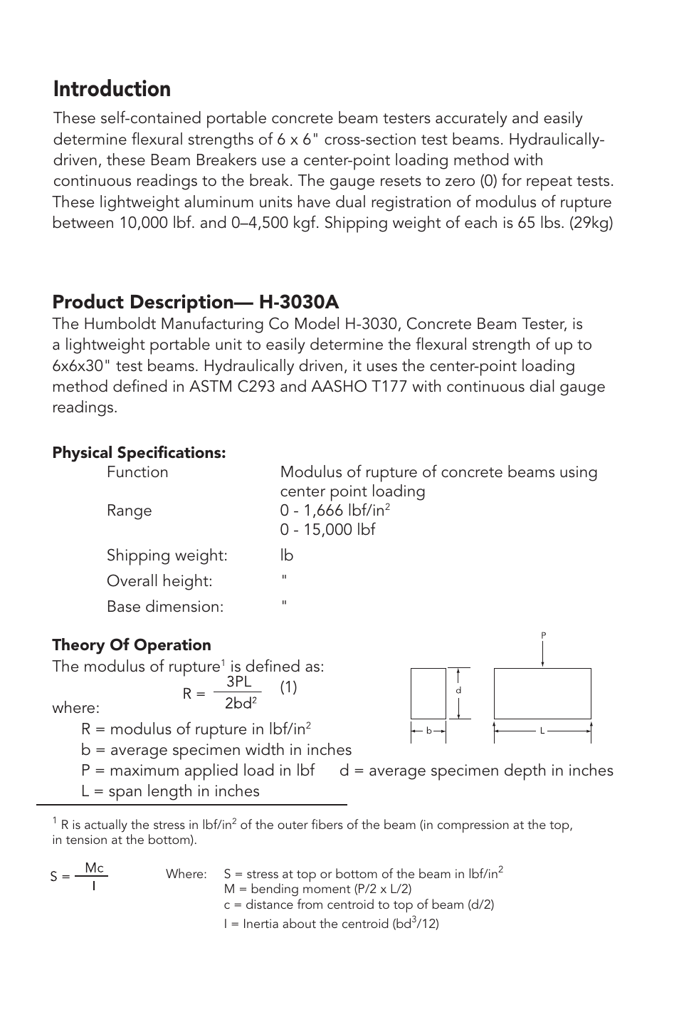 Introduction, Product description— h-3030a | Humboldt H-3033A Concrete Beam Tester User Manual | Page 3 / 12